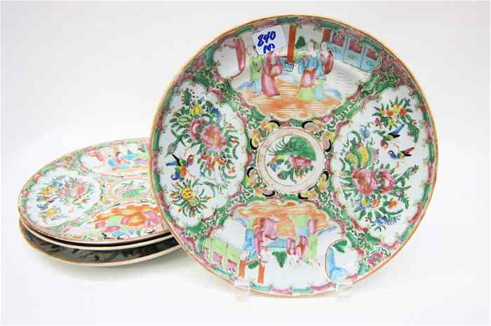 Appraisal: FOUR CHINESE ROSE CANTON PORCELAIN PLATES hand painted with figures