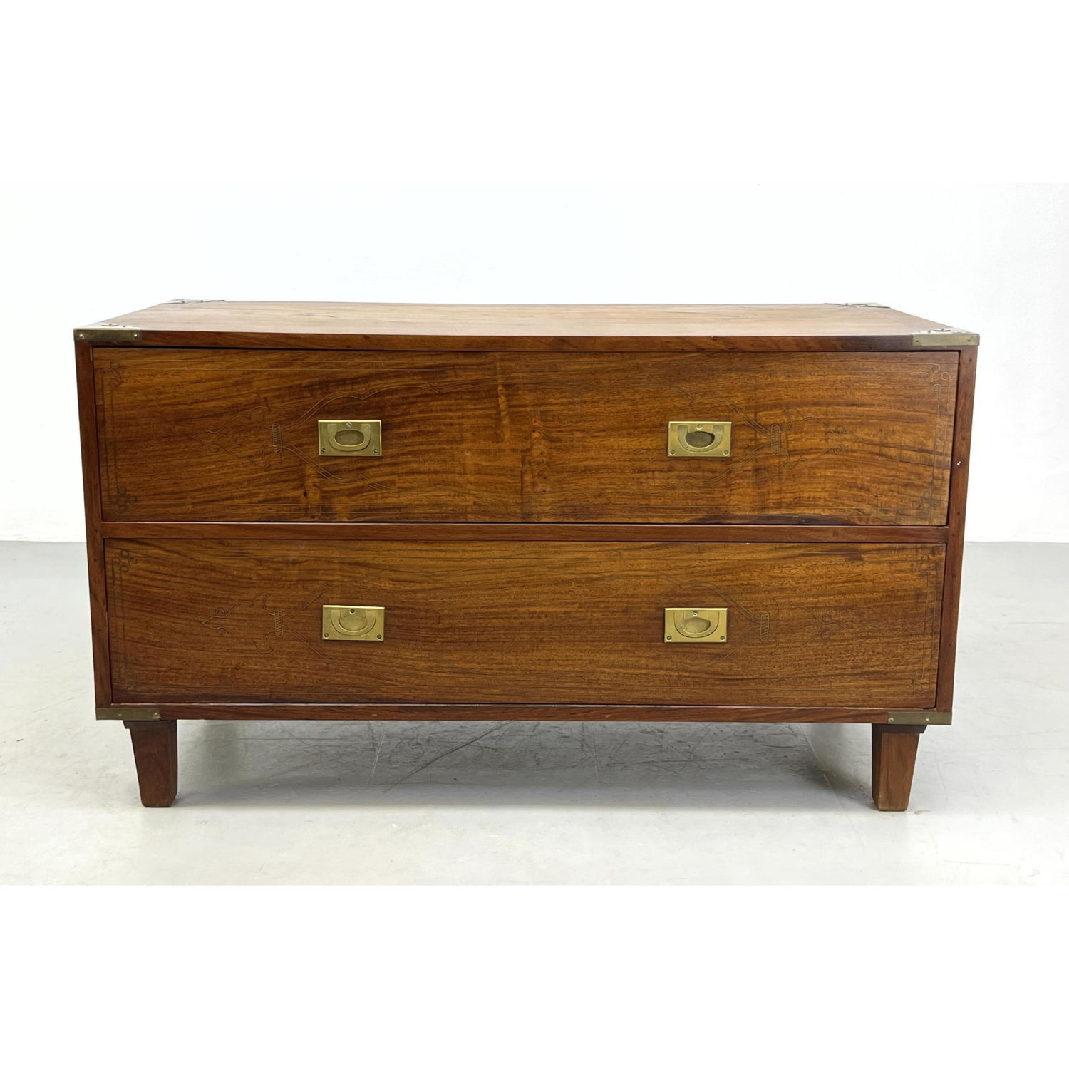 Appraisal: Campaign style Bachelors Chest Dresser Brass Pulls and Corner Trim