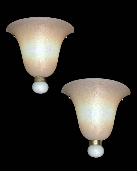 Appraisal: A pair of Italian Pulegoso glass and brass wall lights