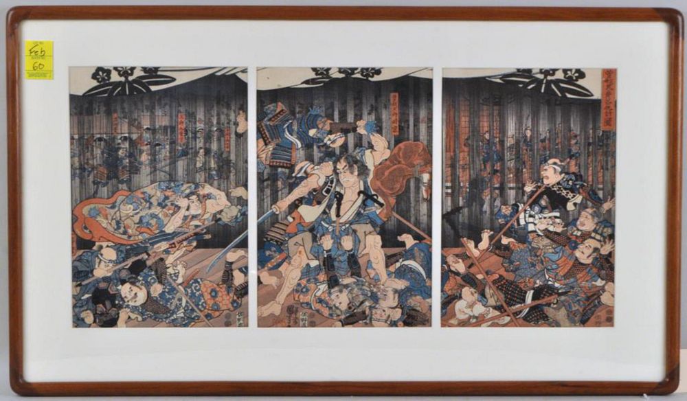 Appraisal: Framed Japanese Triptych of Battling Samurai framed not examined out