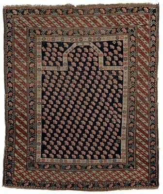 Appraisal: Caucasian prayer rug repeating diagonal bands on blue black field