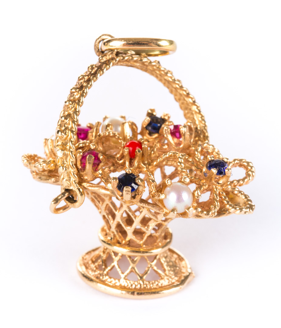 Appraisal: A Gemstone Gold Basket Pendant Charm multicolored gemstone flower basket