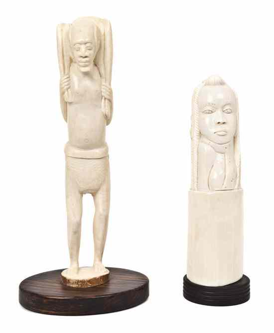 Appraisal: Two African Carved Ivory Figures the first depicting a tribesman