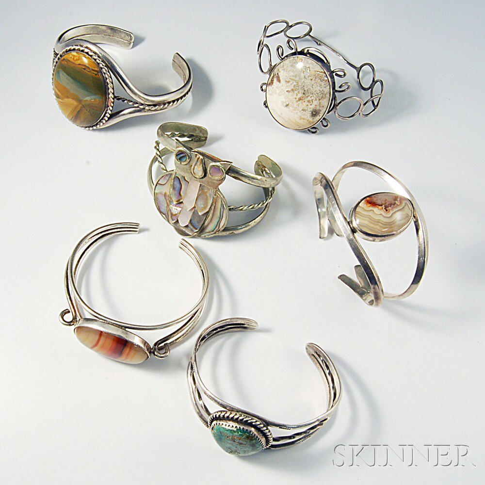 Appraisal: Six Mostly Sterling Silver and Hardstone Cuffs including a base