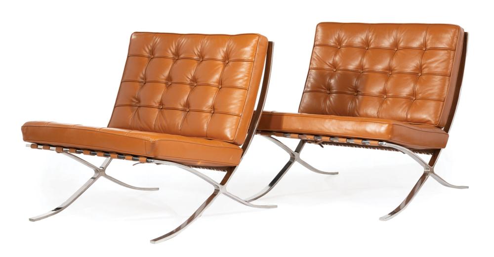 Appraisal: Pair of Leather and Stainless Steel Barcelona-Style Chairs after the