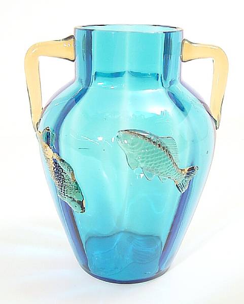 Appraisal: A two handled blue glass vase with applied and molded