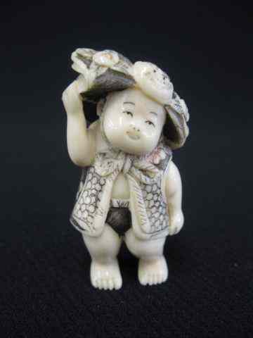 Appraisal: Carved Ivory Netsuke of a Young Girl wearing fancy hat