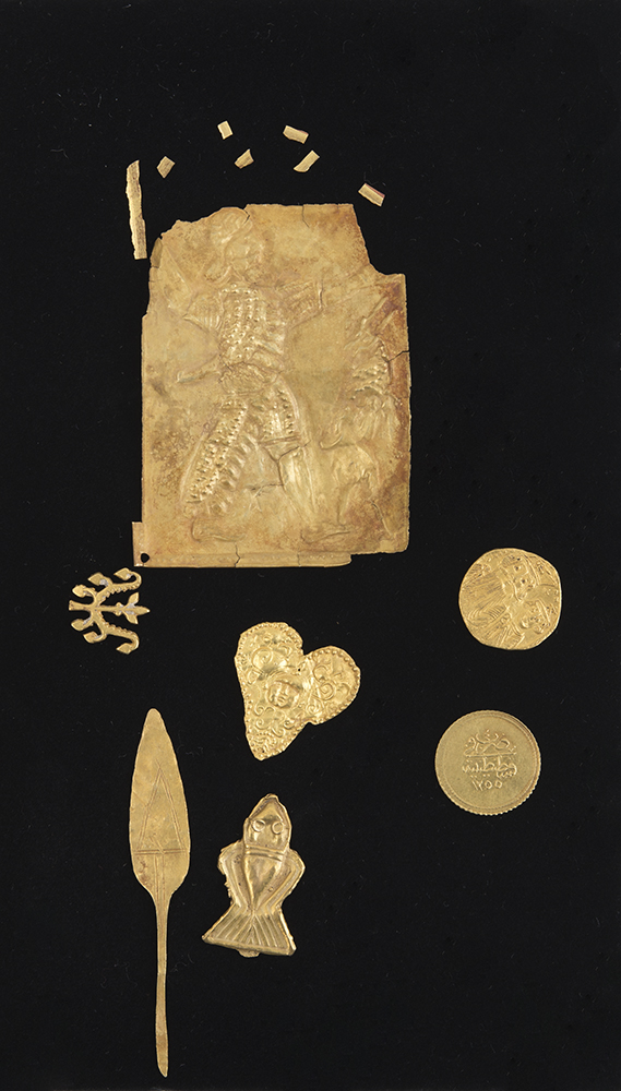 Appraisal: GROUP OF SEVEN GOLD FRAGMENTS Including A Coin of Constans