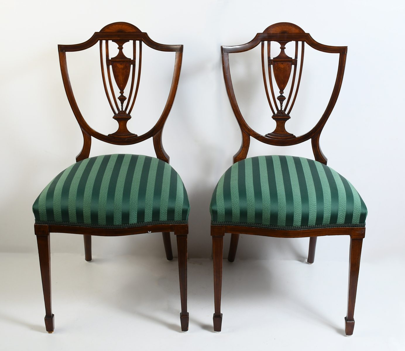 Appraisal: PAIR OF ENGLISH HEPPLEWHITE CHAIRS Having a marquetry inlaid urn