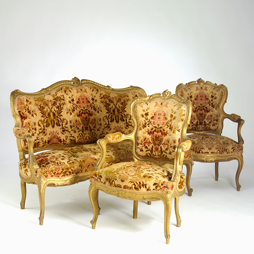 Appraisal: Louis XIV-style salon suite including an open-arm settee raised on