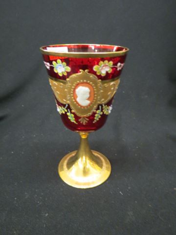 Appraisal: Moser Art Glass Goblet cameo enamel on rich red heavy