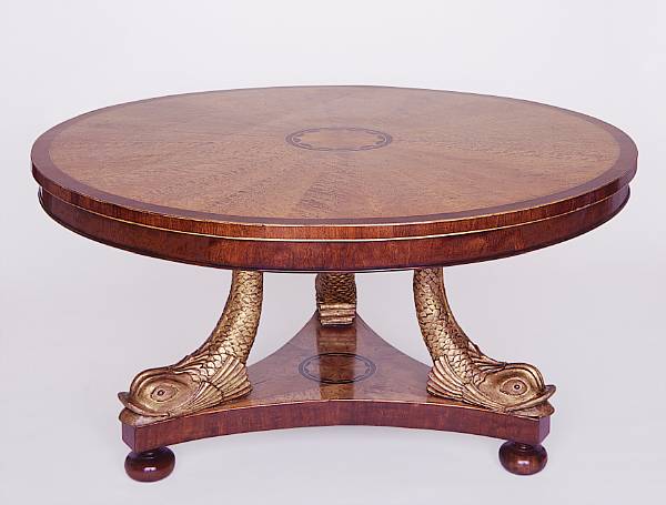 Appraisal: A Regency burl maple inlaid mahogany center table The top