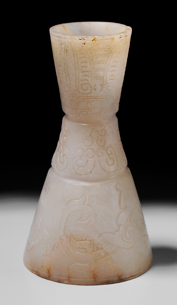 Appraisal: Jade Stemmed Wine Cup Chinese archaistic incised dragons ram's horns