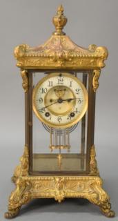 Appraisal: Ansonia brass and beveled glass regulator clock ht Ansonia brass