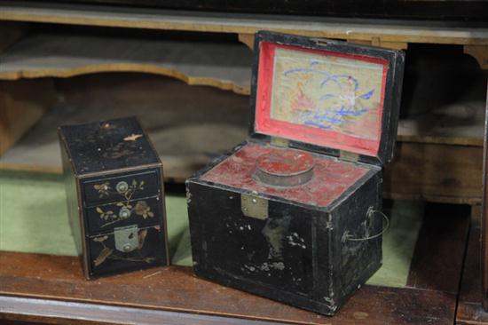 Appraisal: TWO BOXES Black lacquered tea caddy with interior lidded tin