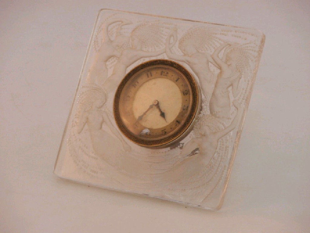 Appraisal: A Lalique intaglio moulded table clock the square frame depicting