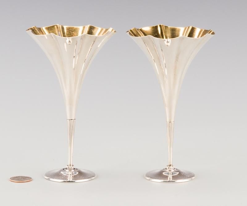 Appraisal: Pair Tiffany Sterling Trumpet Vases A pair of sterling silver