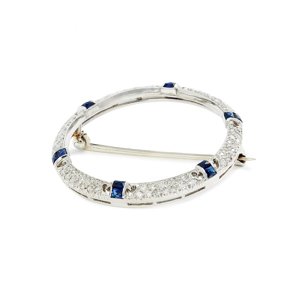 Appraisal: Sapphire Diamond Platinum Brooch Synthetic sapphire and diamond single cut