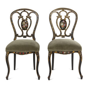 Appraisal: A Pair of French Mother-of-Pearl Inlaid Ebonized Side Chairs Late