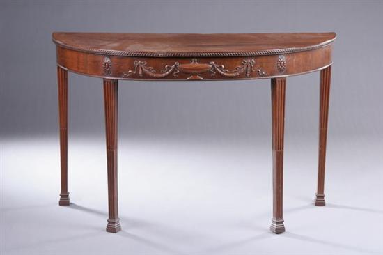 Appraisal: GEORGE III MAHOGANY DEMILUNE CONSOLE early th century D-form top