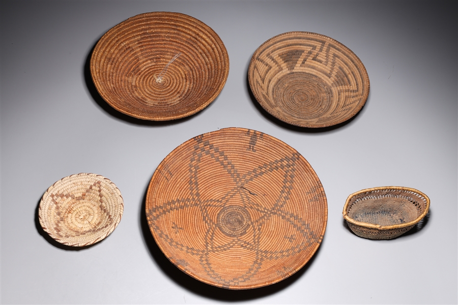 Appraisal: Group of five assorted vintage Native American woven baskets including