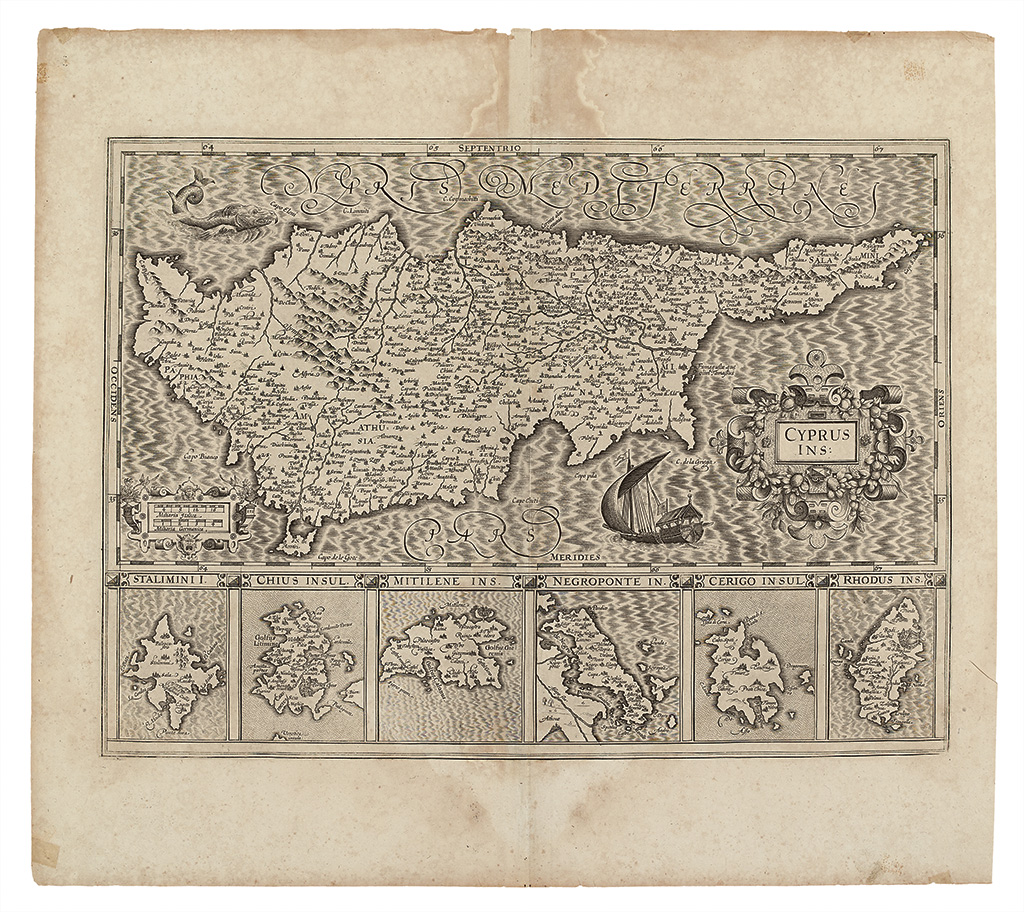 Appraisal: HONDIUS FAMILY Cyprus Ins Double-page engraved map of Cyprus with