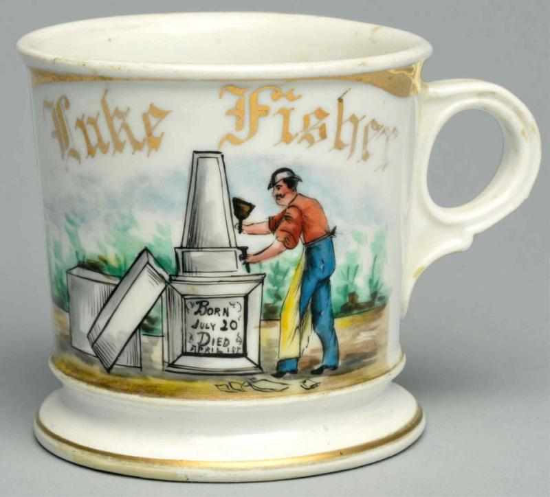 Appraisal: Tombstone Carver Shaving Mug Gilt name Luke Fisher Nice image