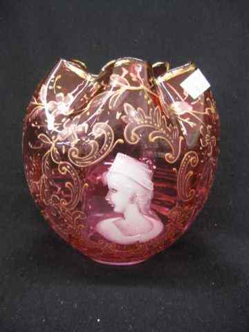 Appraisal: Victorian Enameled Cranberry Art Glass Rosebowl Mary Gregory style portrait