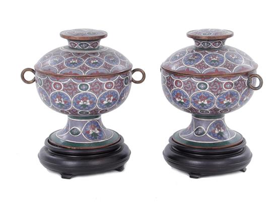 Appraisal: Pair Chinese cloisonne covered urns on stands Qing dynasty H