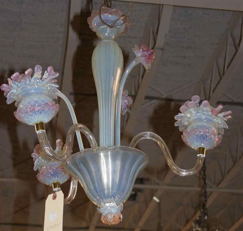 Appraisal: VENETIAN GLASS THREE-LIGHT CHANDELIER with central faceted baluster stem the