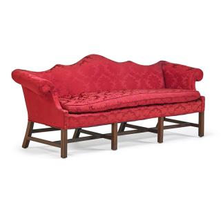 Appraisal: CHIPPENDALE STYLE CAMELBACK SOFA Mahogany frame loose cushion and stretcher