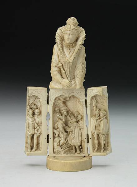 Appraisal: A Continental carved ivory triptych figure of Elizabeth I late