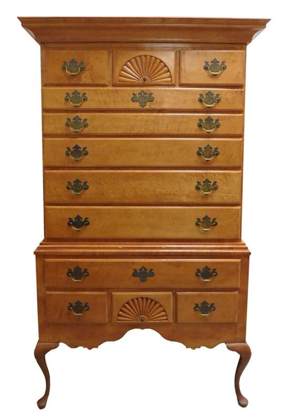 Appraisal: Highboy in two parts figured maple Queen Anne style fan