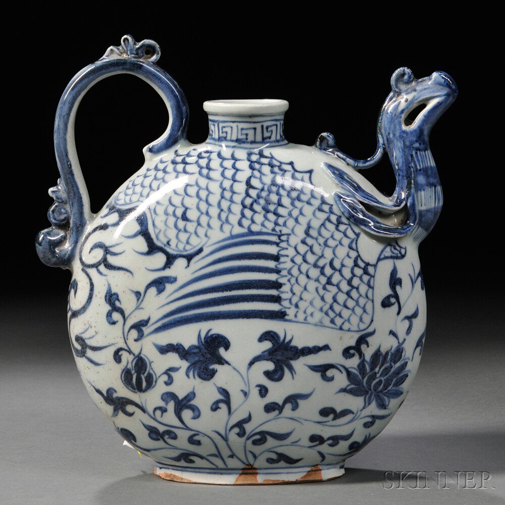 Appraisal: Blue and White Indonesian Export Flask China circular with phoenix-head-shaped