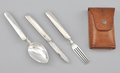 Appraisal: A German Silver Traveling Tableware Set in Leather Case ca