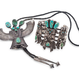 Appraisal: Navajo Silver and Turquoise Katsina Bolo Tie AND Cuff Bracelet