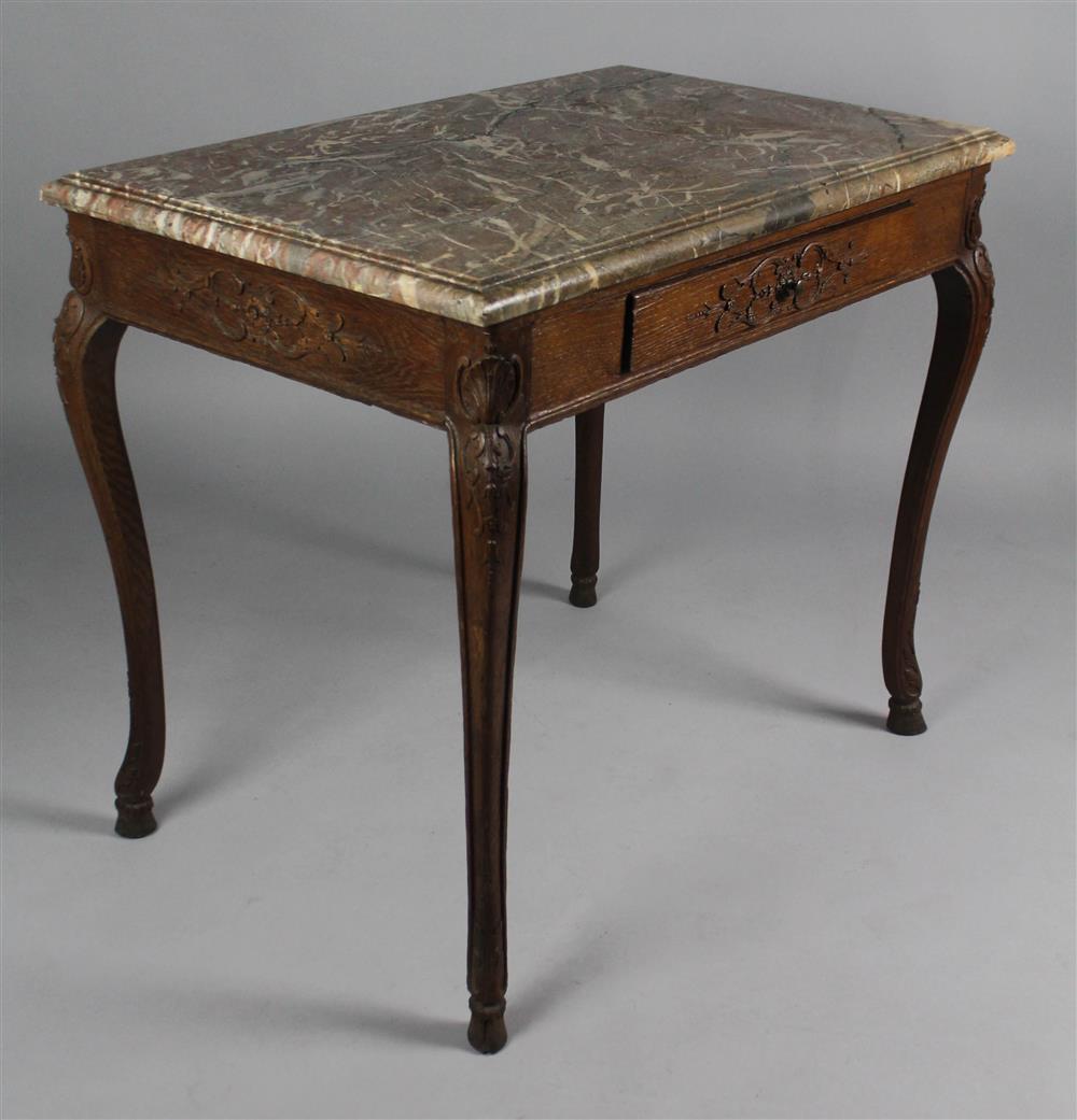 Appraisal: LOUIS XV STYLE CARVED OAK TABLE WITH THICK MARBLE TOP