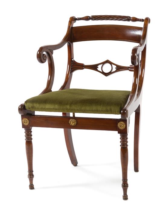 Appraisal: Sale Lot A Regency Brass Inlaid Mahogany Open Armchair the