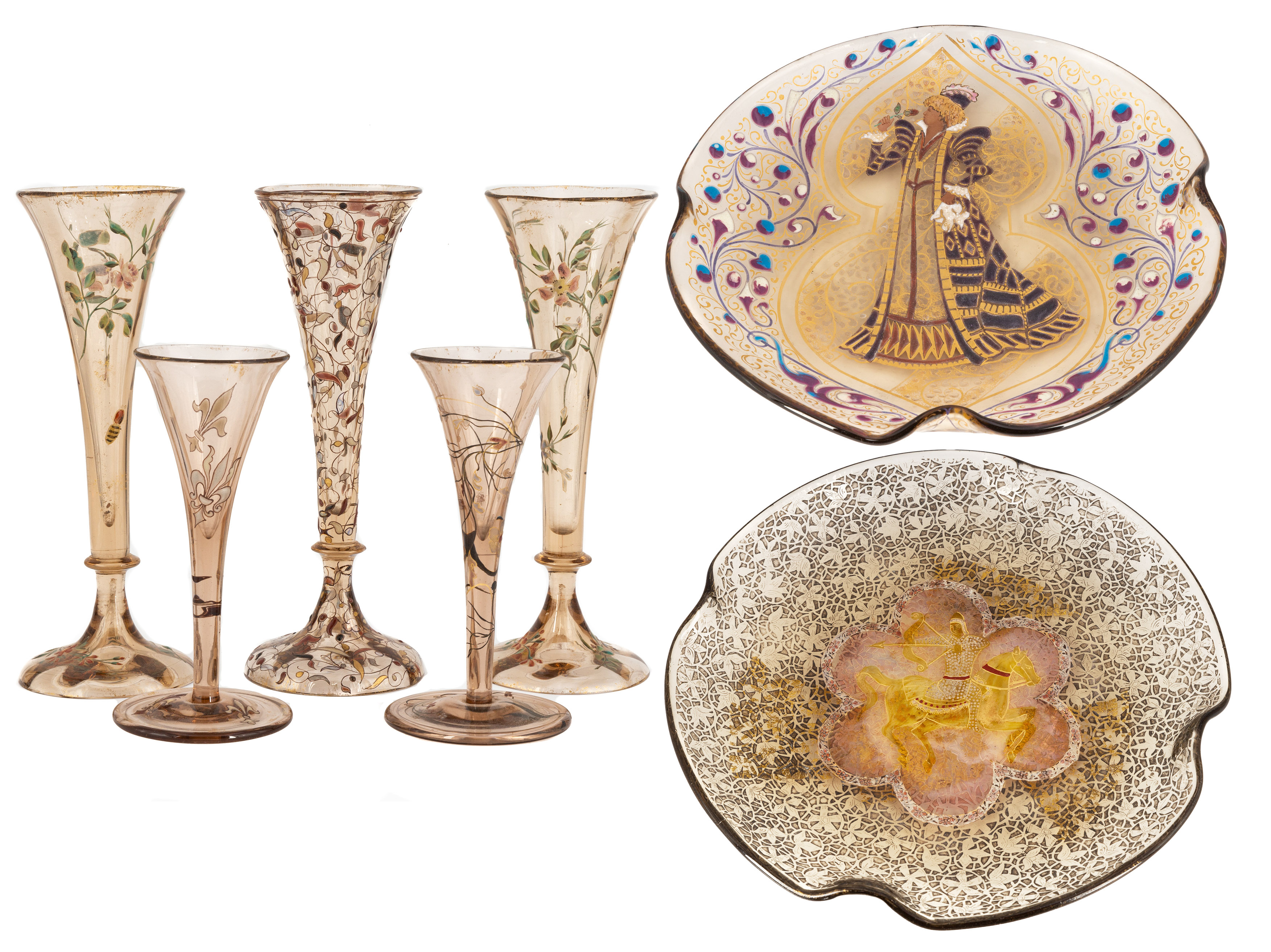 Appraisal: MILE GALL ISLAMIC ACID ETCHED AND ENAMELED GLASS STEMWARE PLATES