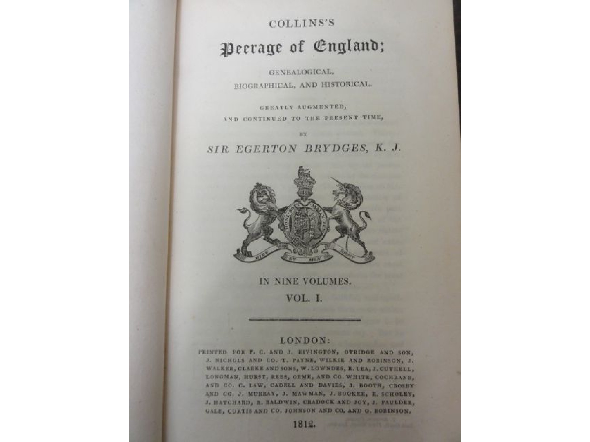 Appraisal: Collins's Peerage of England by Sir Egerton Brydges nine volumes