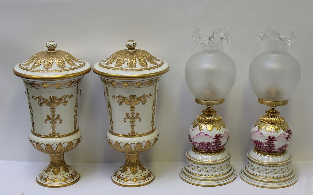 Appraisal: Pair of Porcelain Oil Lamps Together with a Pair Of