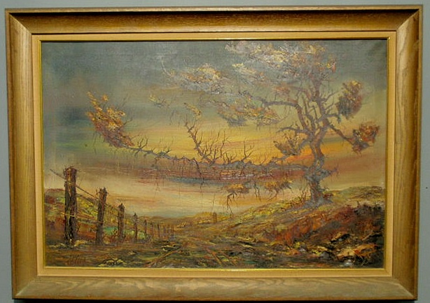 Appraisal: Oil on canvas painting of a country landscape at sunset