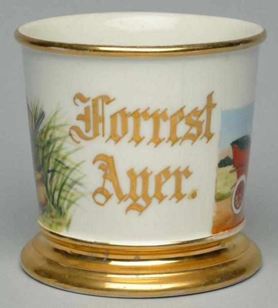 Appraisal: Automobile Hunting Scene Shaving Mug Gilt name Forrest Ager Unique