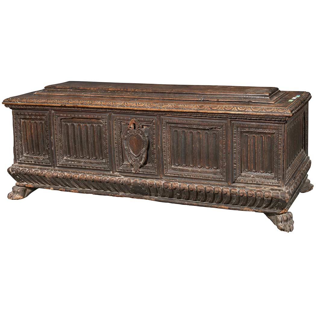 Appraisal: Italian Renaissance Walnut Cassone th Century The hinged stepped rectangular