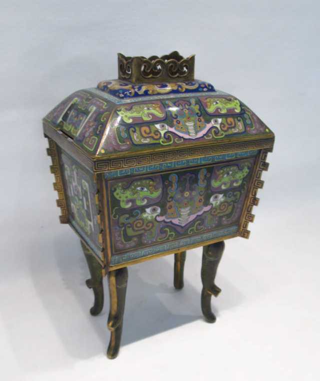 Appraisal: CHINESE CLOISONNE CENSER casket form with domed lid and having