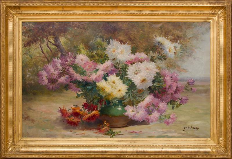 Appraisal: ROGER GODCHAUX - VASE DE PIVOINES DANS LE JARDIN Oil