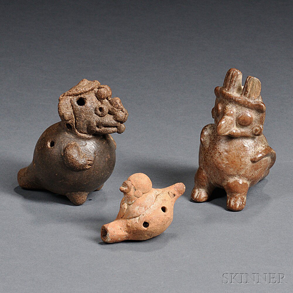 Appraisal: Three Pre-Columbian Pottery Ocarinas Costa Rica one representing a deity