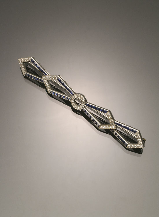 Appraisal: Art Deco Platinum Diamond and Blue Sapphire Bar Pin Circa