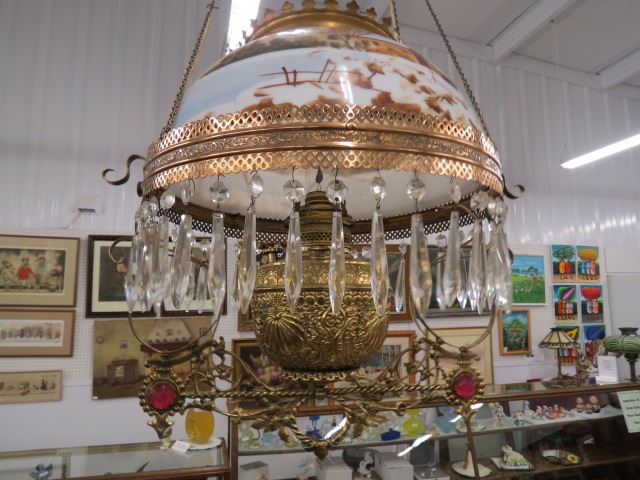 Appraisal: Victorian Hanging Chandelier handpainted milk glass shade jeweled brass holder