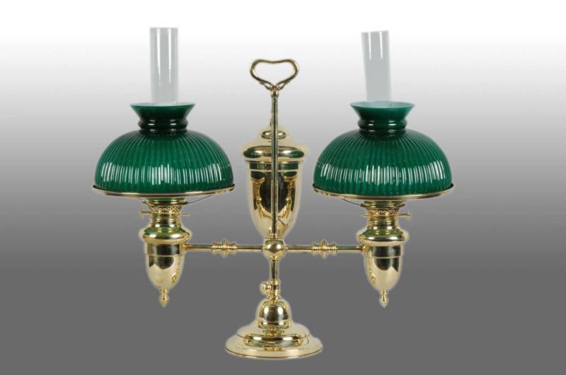 Appraisal: Brass Double Student Lamp with Green Glass Shade Description Polished